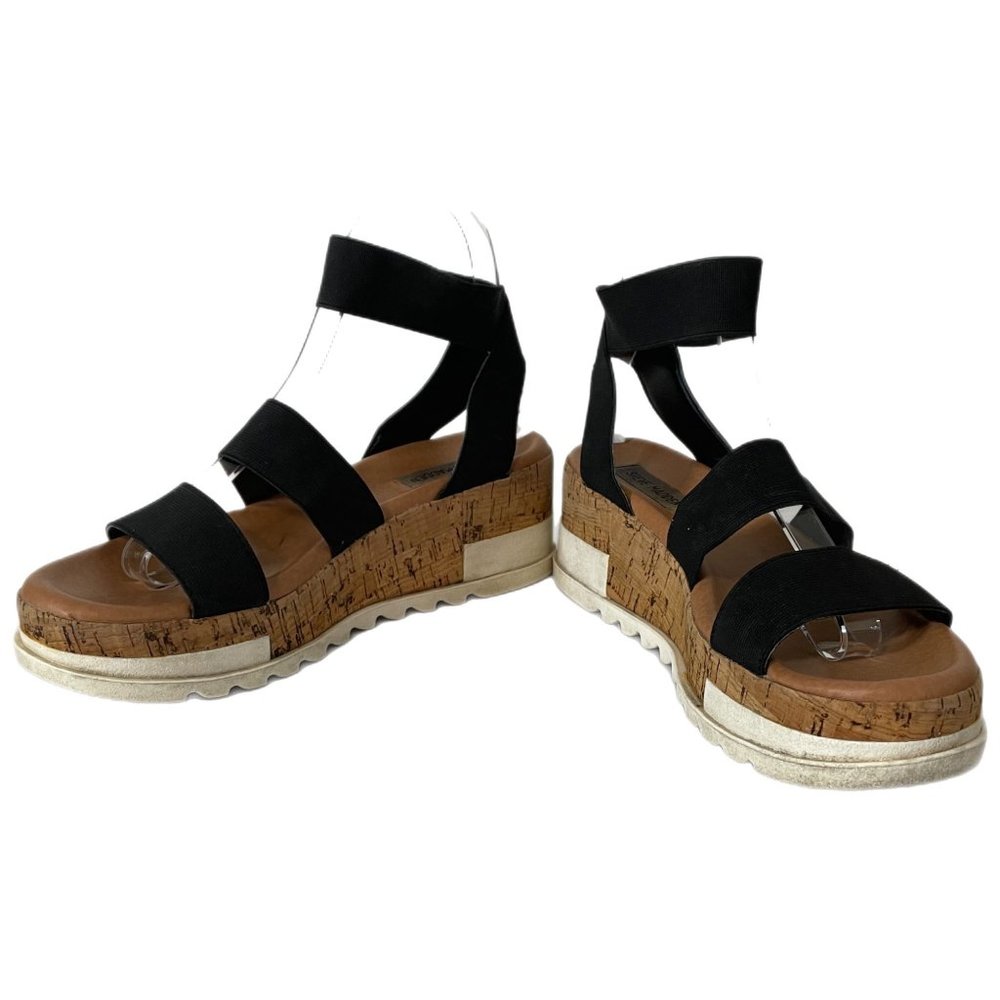 Steve Madden Women’s Size 8 Bandi Elastic Strap Cork Platform Black Sandal Shoe
